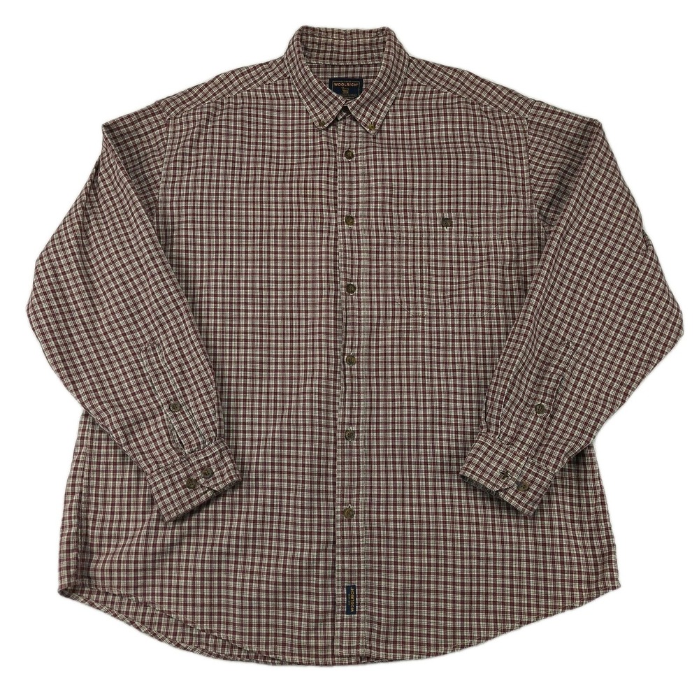 Woolrich Mens XL Long Sleeve Plaid Button Down Shirt Burgundy Cream Micro Check